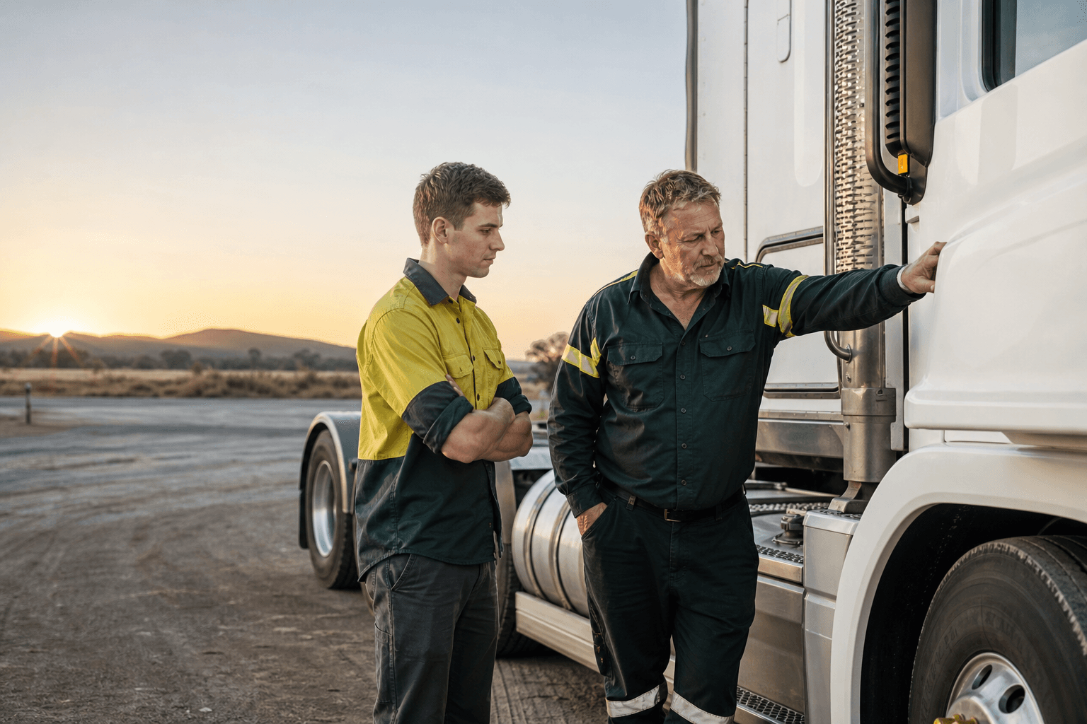 Trainer and learner beside a heavy truck